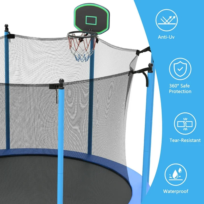 BTMWAY 10ft Trampoline for Kids, Backyard Trampolines Outdoor Indoor, Kids Trampoline with Basketball Hoop, Recreational Trampolines with Enclosure Net Ladder, Spring Cover Padding, Blue