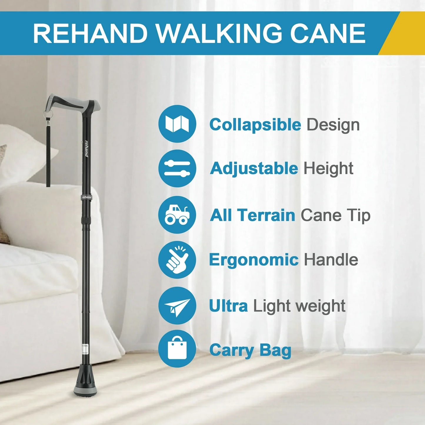 REHAND Adjustable Foldable Walking Cane for Seniors Lightweight Heavy Duty Canes with Non-Slip Grip, Collapsible Design (Black)