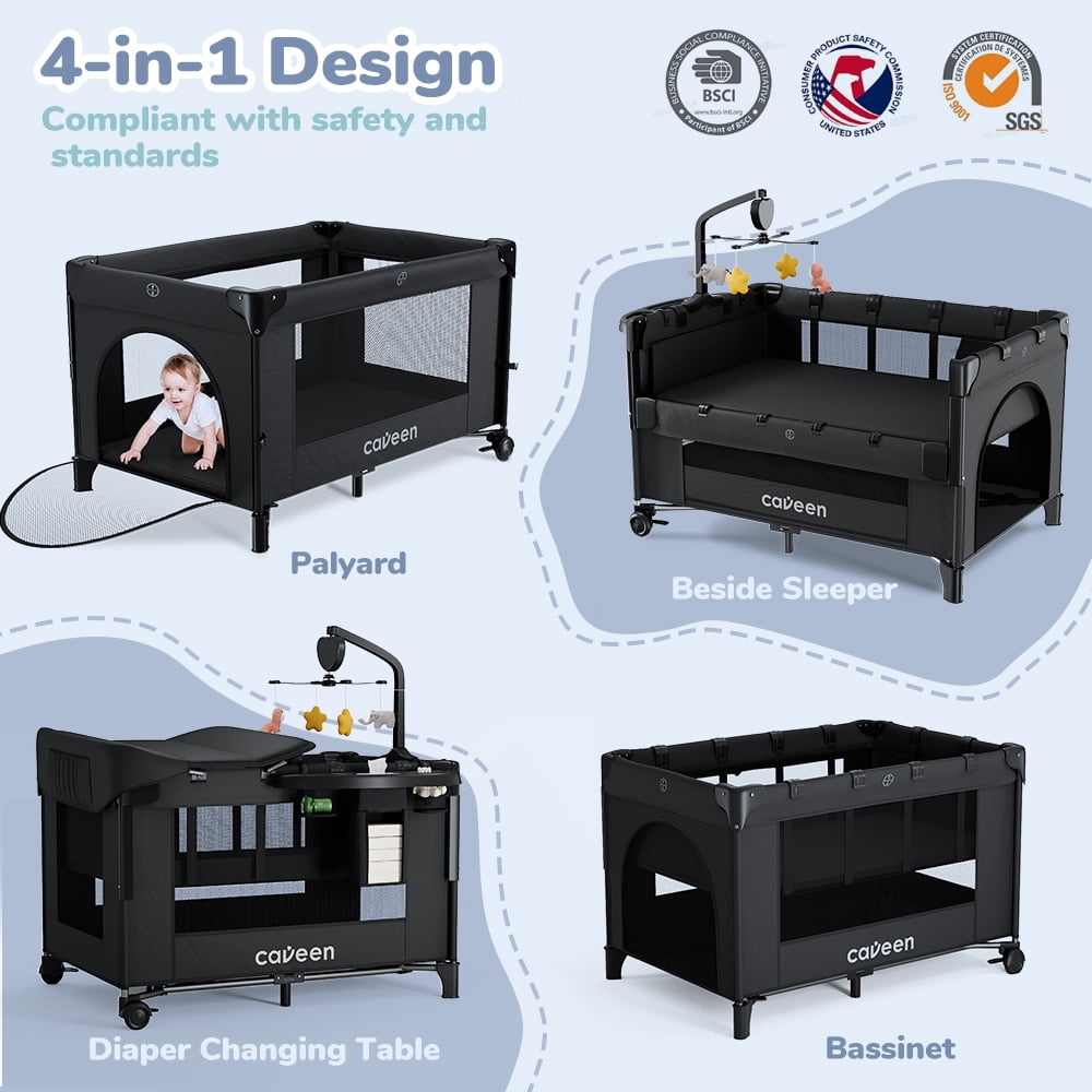 Baby Bassinet, Novashion 5 in 1 Bedside Sleeper Bassinet, Portable Baby Playard Baby Crib, with Removable Changing Station & Storage Organizer, Black