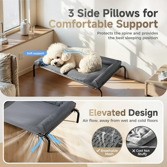Dog Bed, DOMIPET Elevated Dog Bed Cot with Removable Pillow for Small Dogs,Cooling Pet Cot, Gray