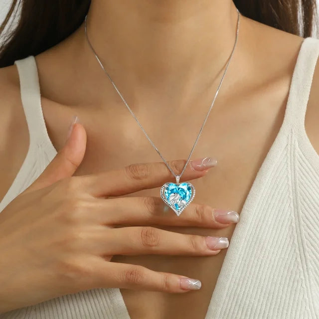 Juwaliy Women Heart Necklace for Mother Daughter 925 Sterling Silver Blue Aquamarine Birthstone Pendant Jewelry Mom March Birthday Mother's Day Gift