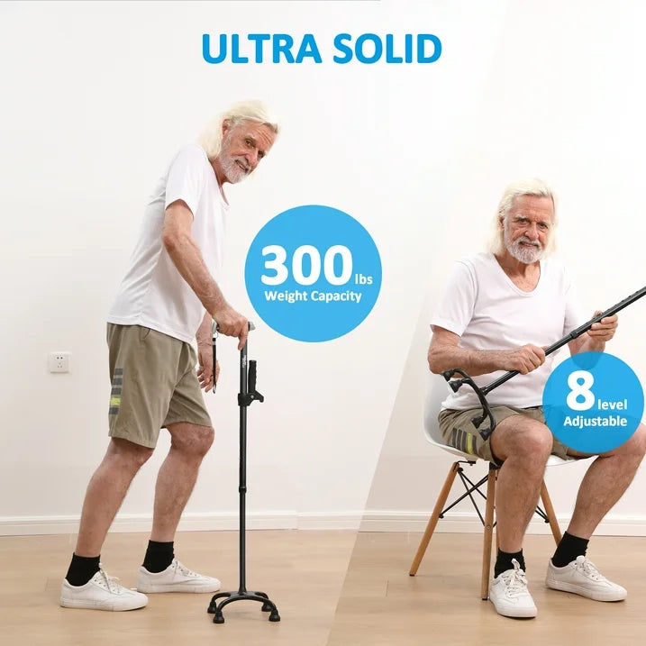 HEALTHBAZAAR Quad Cane Walking Cane for Women Men for Balance Stability Adjustable Lightweight Walking Stick Black