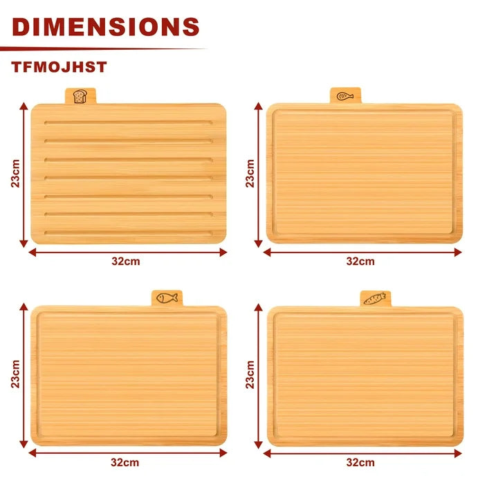 stusgo Bamboo Cutting Board Set with Stand,32cm 4 piece Kitchen Chopping Boards with Juice Grooves