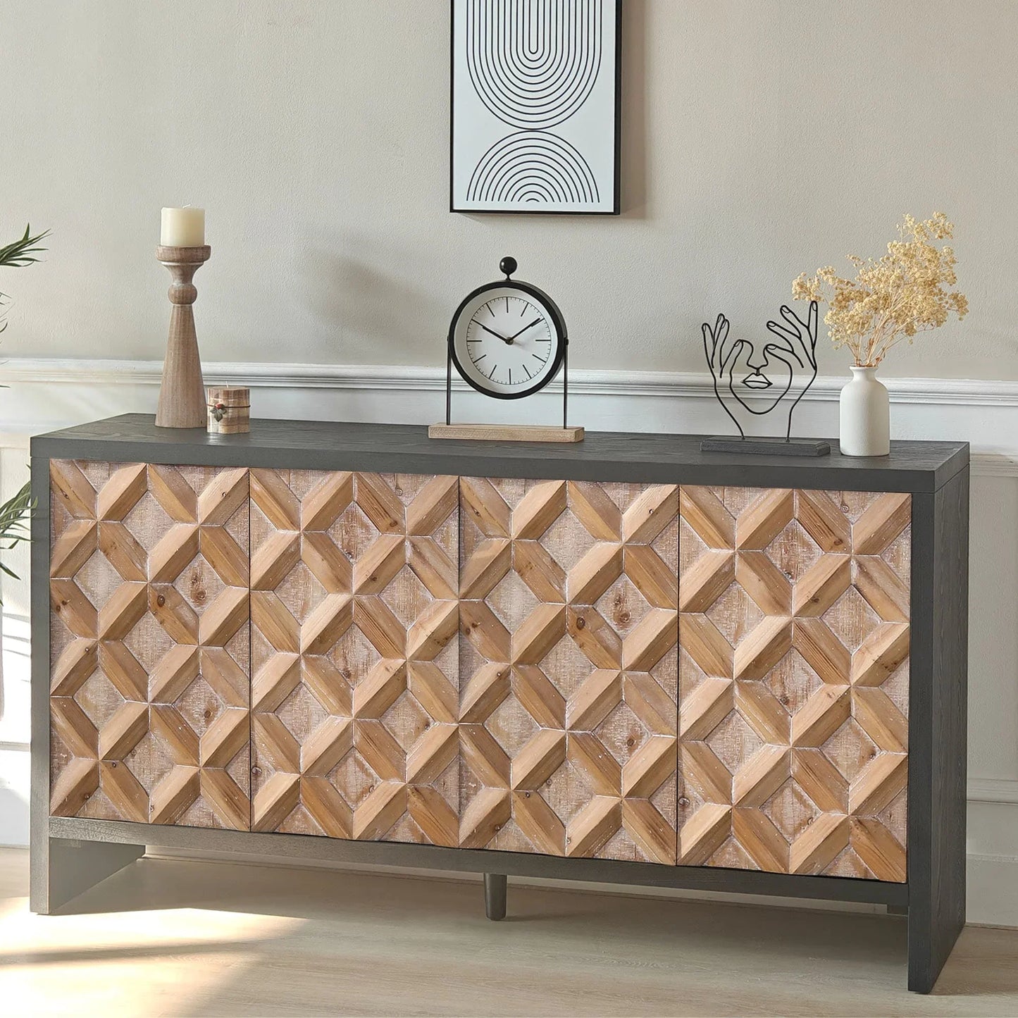 Rustic 4 - Door Wood Cabinet with Geometric Pattern – Modern Storage Solution for Any Space