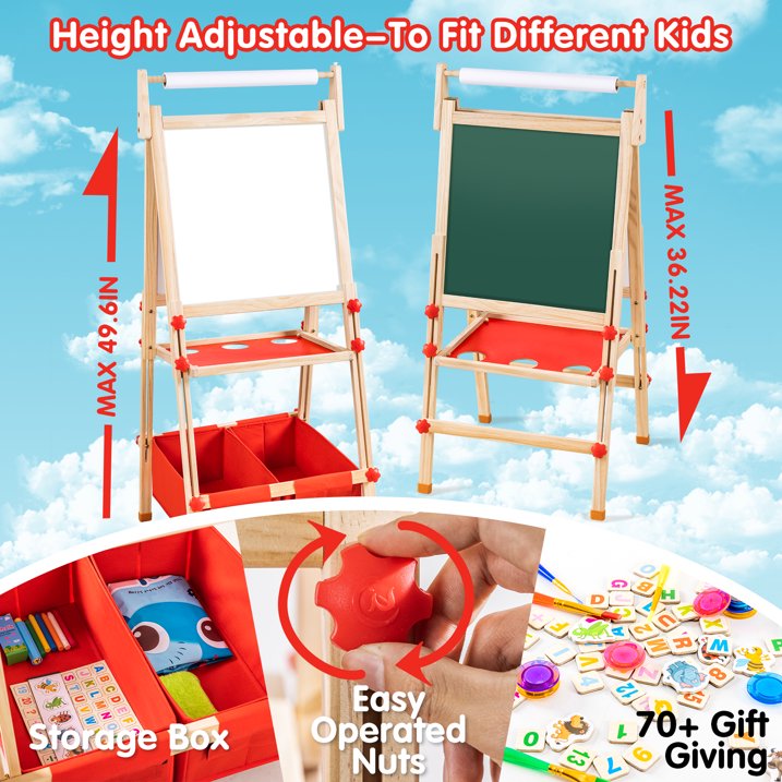 Deli All-in-One Art Easel Kids Easels for Kids, Height Adjustable Wooden Art Easel with Paper Roll for Toddlers 2-4 Years and Magnetic Double Sided Art Easel for Kids Ages 4-8