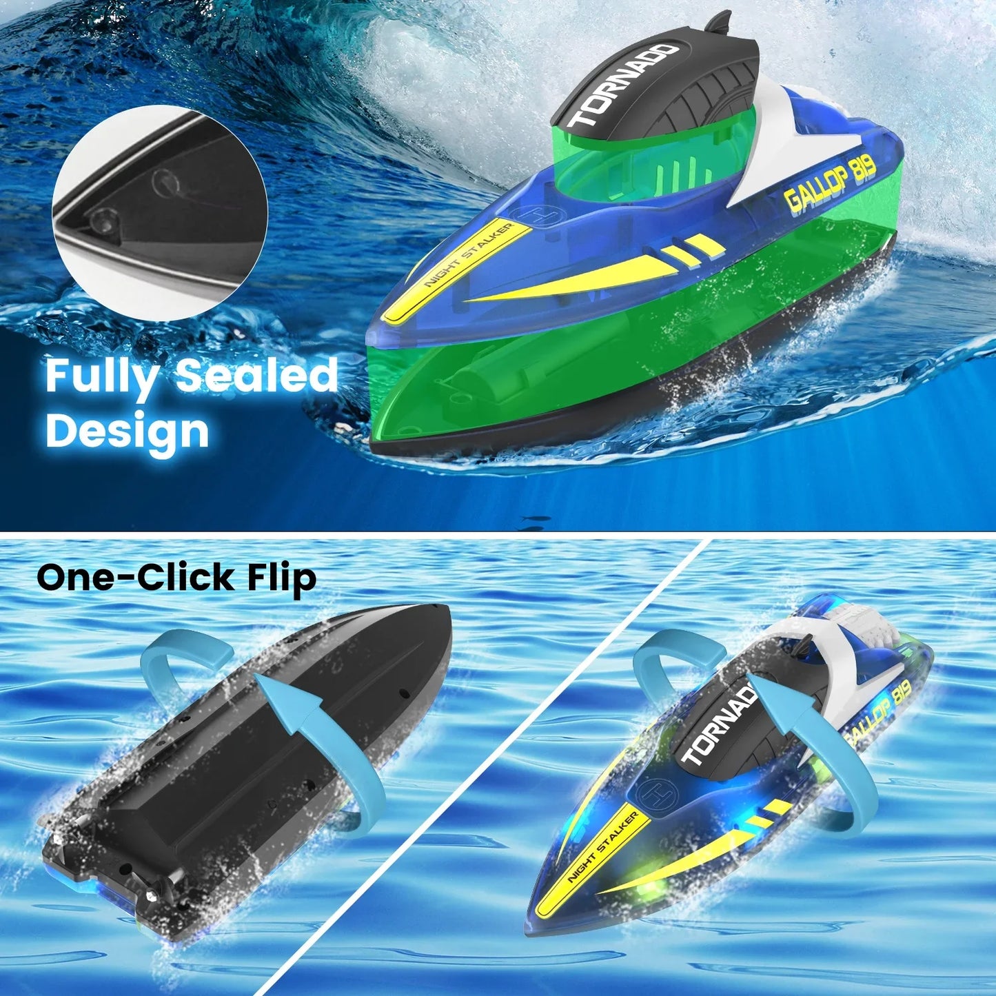 JoyStone RC Boat for Pools and Lakes, 2.4G 15+ MPH Fast Remote Control Boat with LED Lights, Racing Boats for Kids & Adults with 2 Rechargeable Battery, Gifts for Boys Girls (Blue)