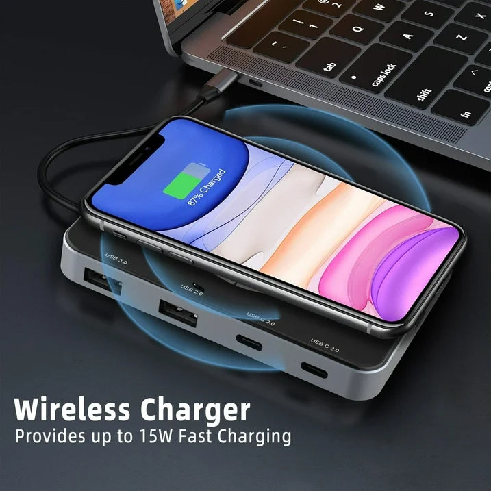 Laptop USB C Docking Station, Magnetic Wirless Charger with USB C to HDMI Adapter USB C Hub 10 in 1 Laptop Docking Station with microSD Card Reader for Cellphone, Tablet, Laptop