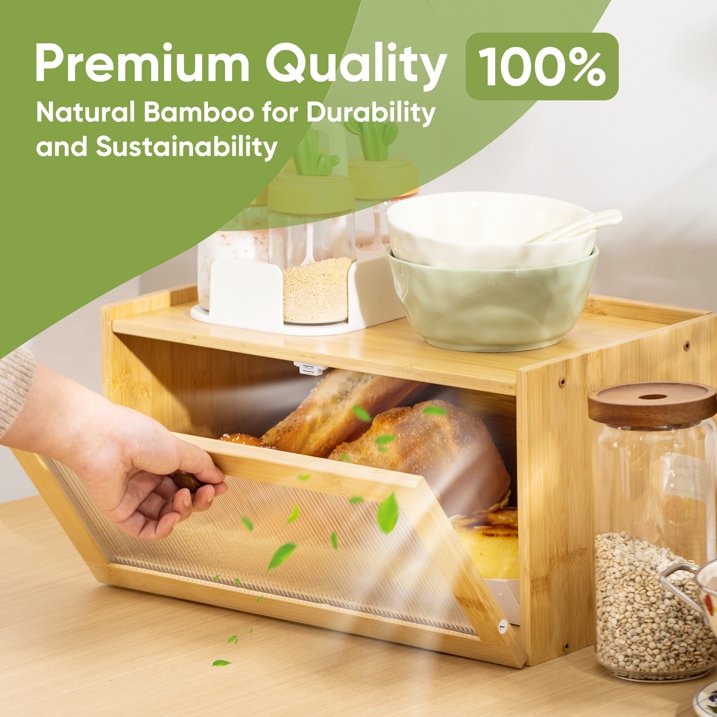VUSIGN Bamboo Bread Box Acrylic Transparent Window Storage Container, Kitchen Countertop