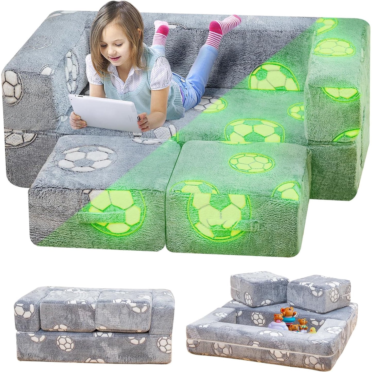 Toddler Couch, Glow in The Dark Kids Play Couch Toddler Fold Out Couch, Kids Fold Out Couch for playroom, Convertible Baby Fold Out Play Foam and Floor Cushion for Bedroom