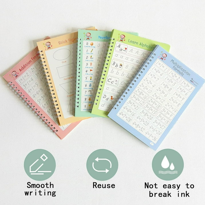 Rizulfey Grooved Magic Practice Copybook, Reusable Writing Workbook for 3 8 Kids,(5Books with 2Pens)