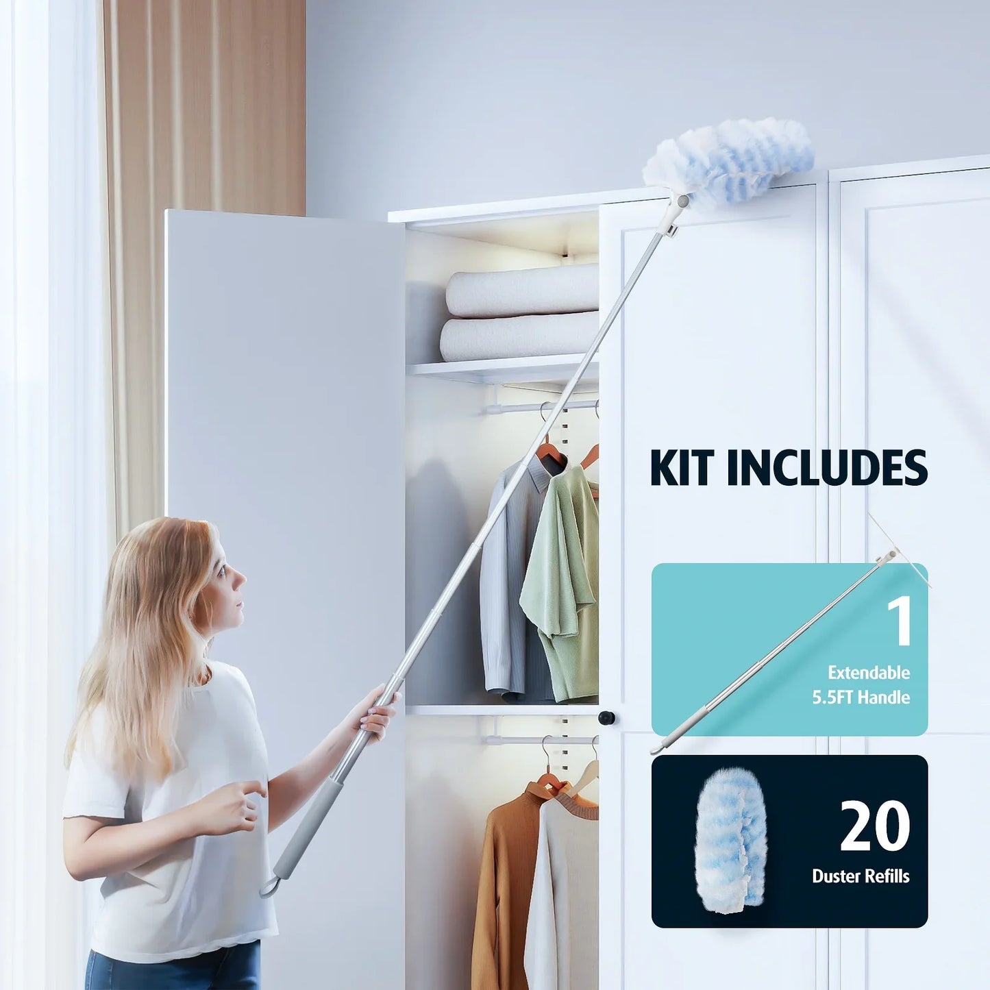 Duster Refills 360 for Swiffer 20 pcs 5.5FT Extension Handle Featuring 5x Powerful Dust Removal Disposable Feather Duster Multi Surface Refills Super Efficient Duster Kit Compatible with Swiffer D