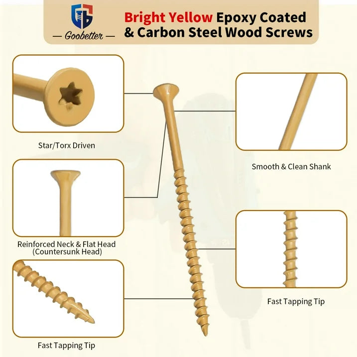 Goobetter Wood Screws, #10 x 4", Premium Outside Deck Screws, Includes 2 T25 Plum Bits (50mm 100mm), 200Pcs.
