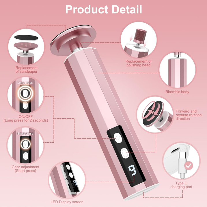 Electric Foot File Callus Remover for Feet,9 Adjustable Speed Foot Scrubber with 40 Pcs Sandpaper Discs,Professional Pedicure Tool for Dead Skin and Calluses Pink