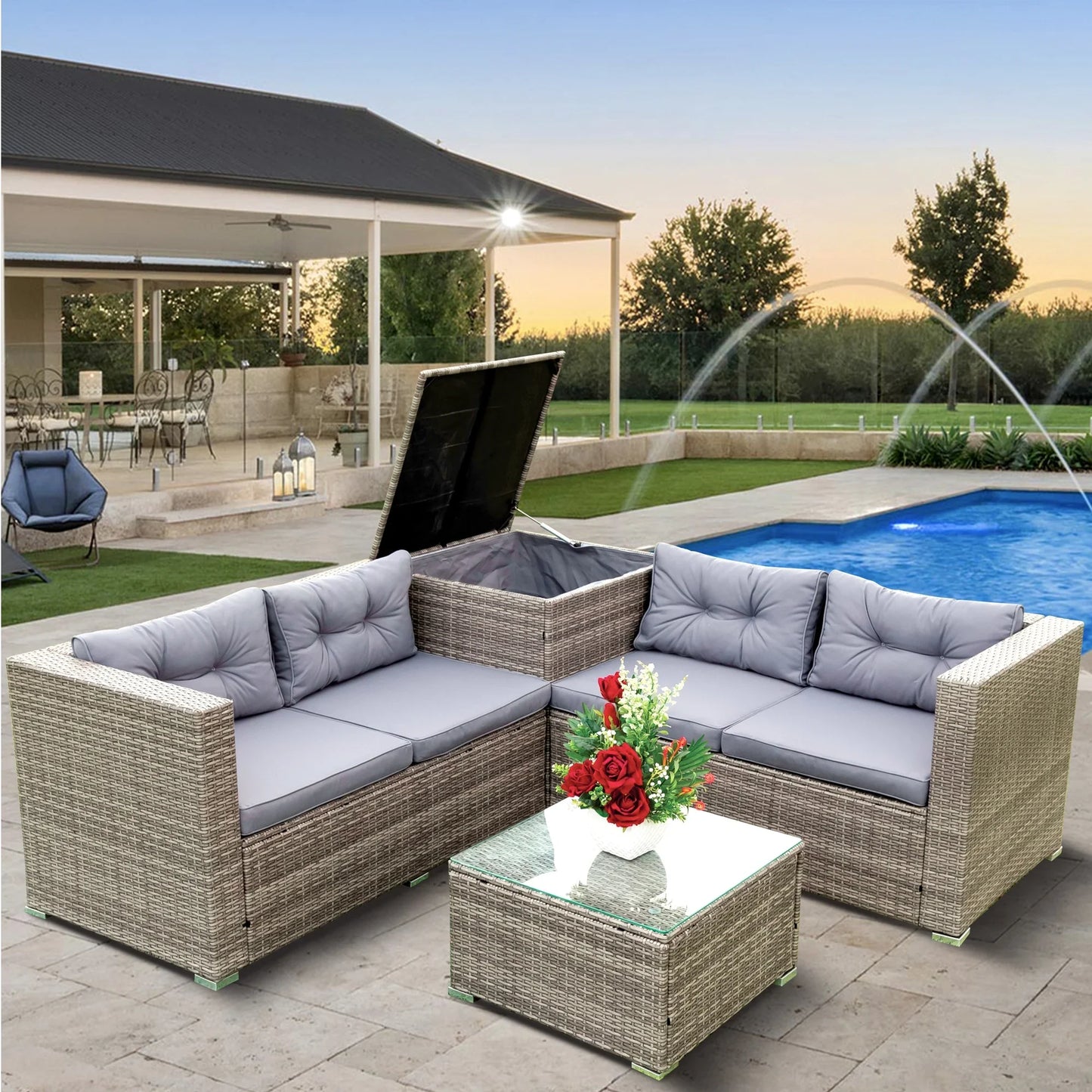 SEGMART 4 Piece Patio Furniture Set, All-Weather Outdoor Sectional Sofa Set, PE Rattan Conversation Set with Storage Box, Table & Cushions, Wicker Furniture Couch Set for Patio Deck Garden
