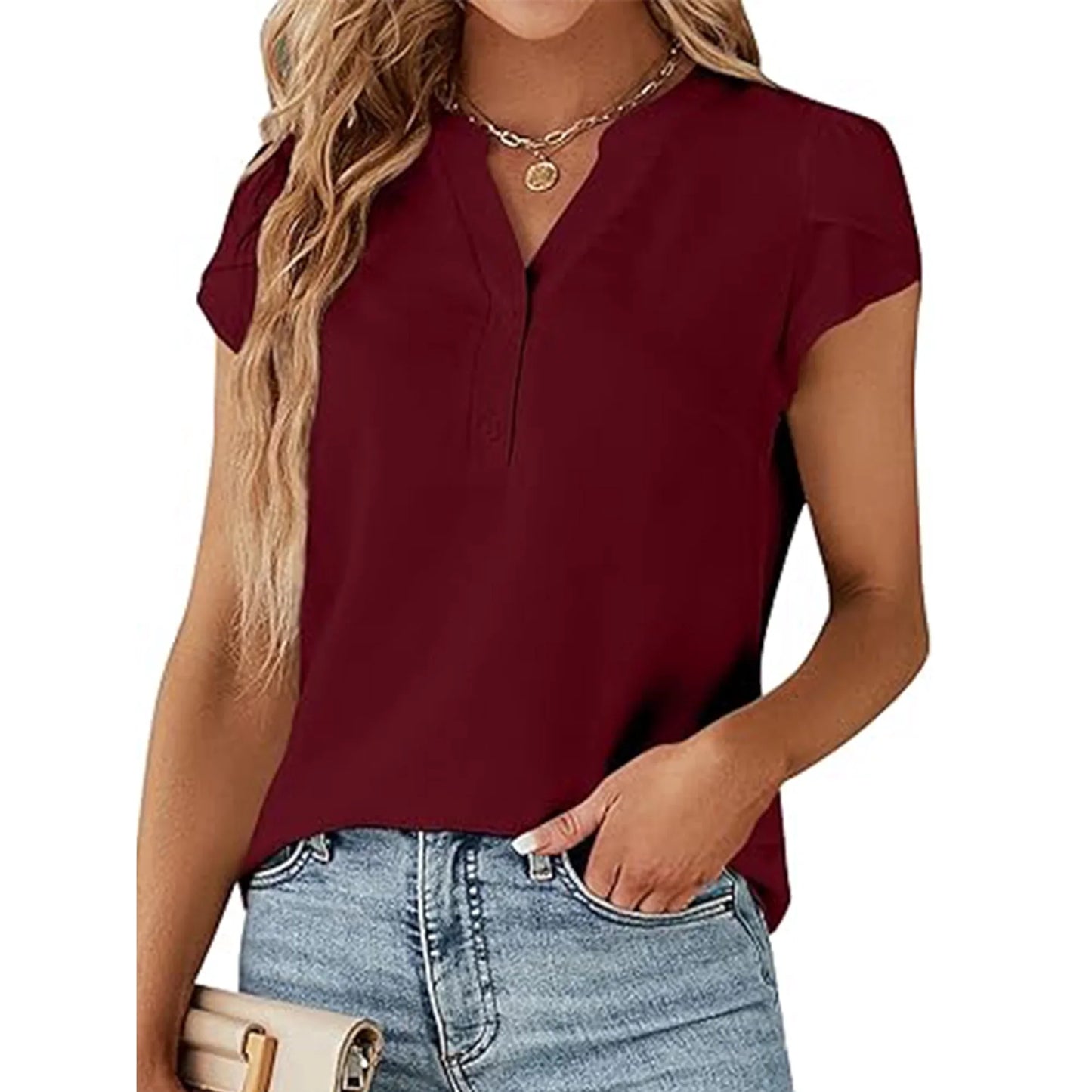 VDJ Womens Blouses Short Sleeve Button V Neck Business Casual Going Out Tops Trendy Red T Shirts Size L