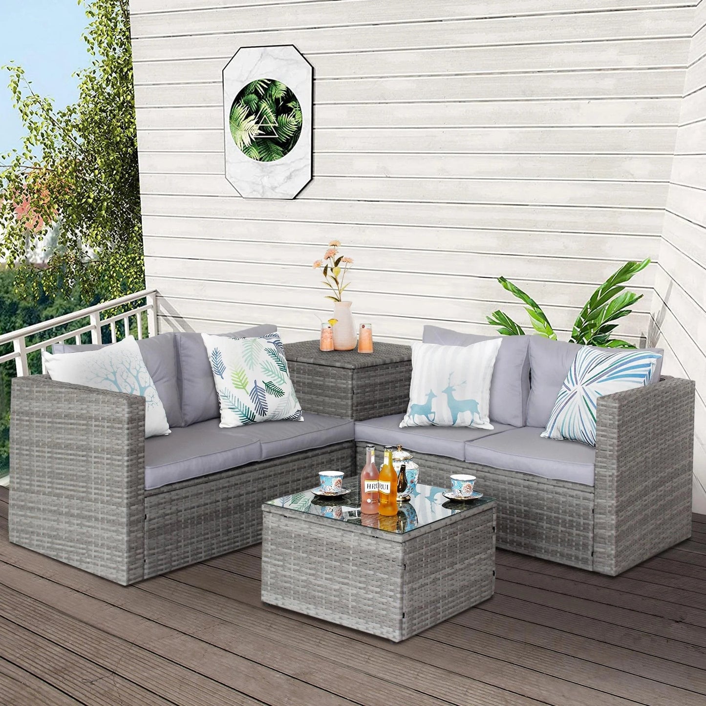 Segmart Wicker Patio Furniture Sets, 4PCS Outdoor Wicker Patio Sectional Sofa w/4 Padded Cushions, Tempered Glass Coffee Table, Armchair, Conversation Sets for Porch Backyard Garden, Gray