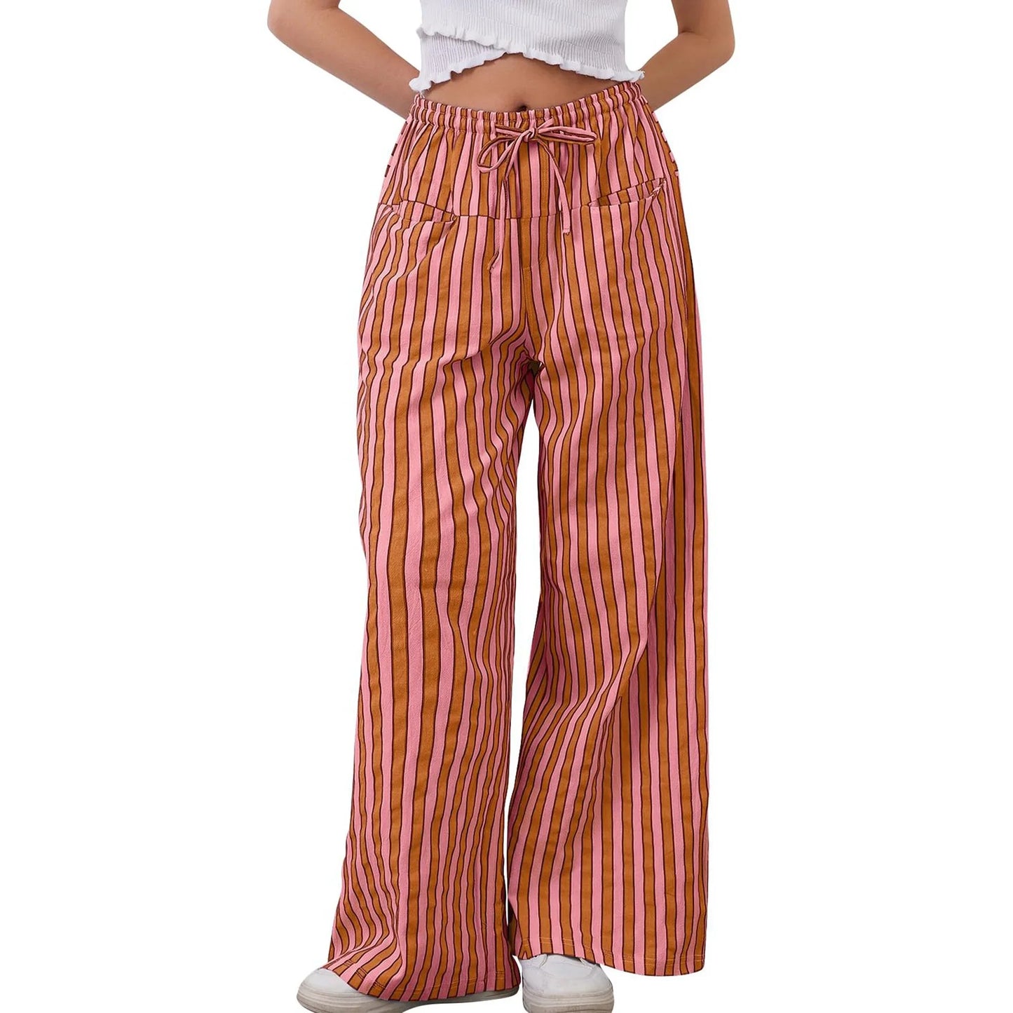 TEMOFON Womens Wide Leg Pants Drawstring Striped Trousers Loose Casual High Waist Pants Comfy gingham pants with Pockets