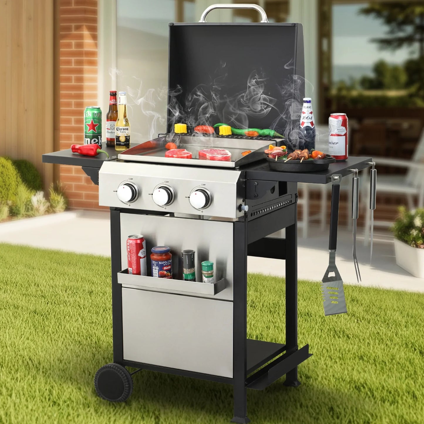 3 Burner Propane Gas Grill and Griddle Combo, Propane BBQ Grill with Foldable Side Table, Hanging Basket, and Tool Hooks for Backyard Camping Cooking, 2 in 1, 36,900BTU Output