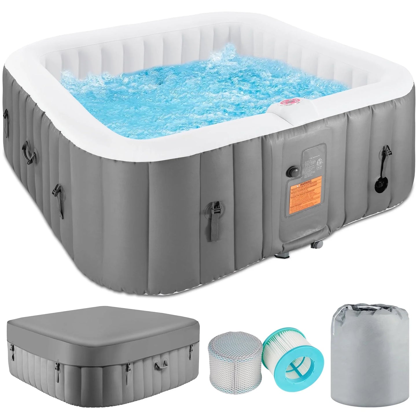 73 inch 4-6 Person Inflatable Hot Tub Spa with Control Panel, Outdoor Portable Hottub with 130 Jets, Insulated Tub Cover and Floor Protector, Temperature up to 104, Gray