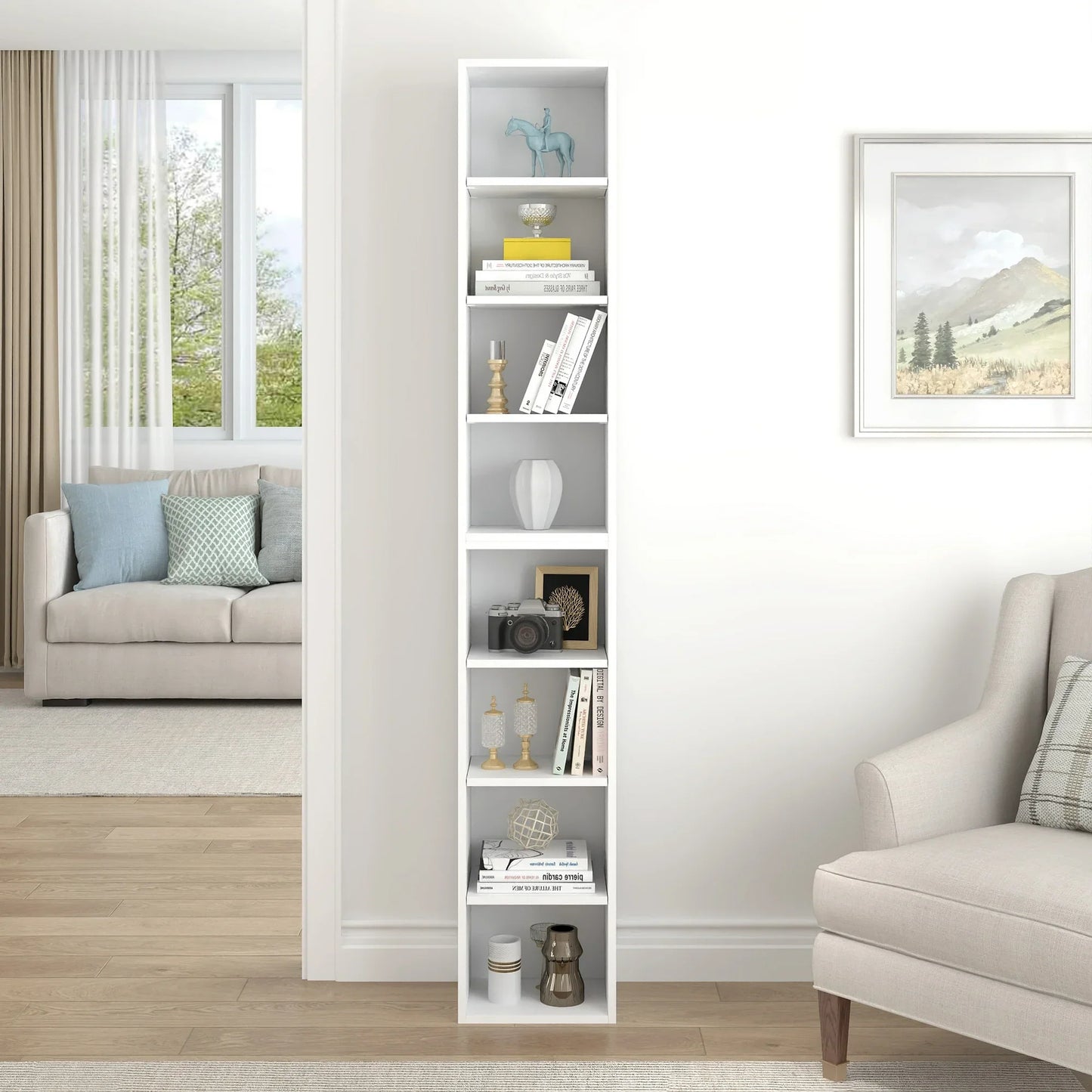 PORKISS 8-Tier White Bookshelf, Wood Open Display Bookshelf with Adjustable Shelves, Tall Narrow Bookcase with Slim Storage, Modern Media Tower Rack for Living Room, Home Office