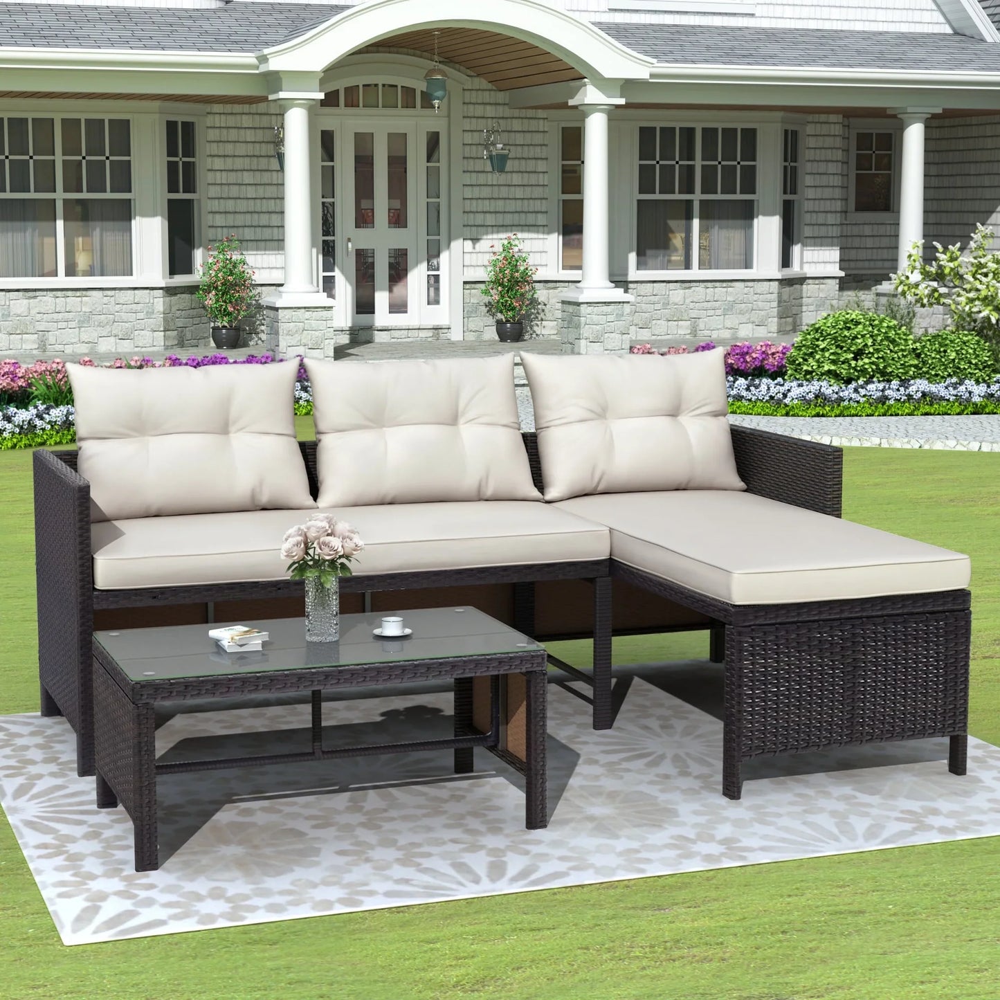 3 Pieces Patio Furniture Sectional Set, Outdoor Furniture Set with Two-Seater Sofa, Lounge Sofa, Table & Cushion, PE Rattan Wicker Bistro Set, Conversation Set for Garden, Backyard