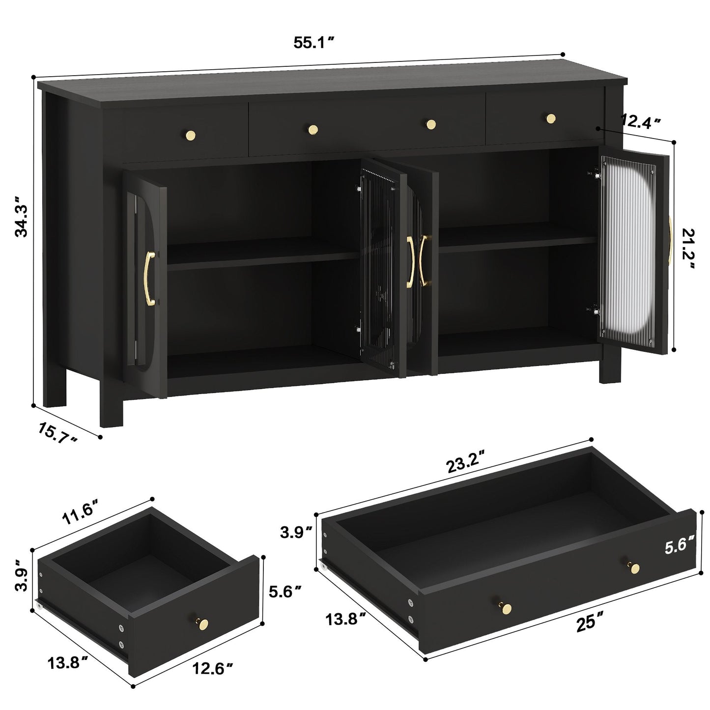 55" Sideboard Buffet Cabinet with Storage, Buffet Table with 3 Drawers and 4 Glass Doors, Kitchen Coffee Bar Cabinet with Adjustable Shelves for Dining Room, Living Room