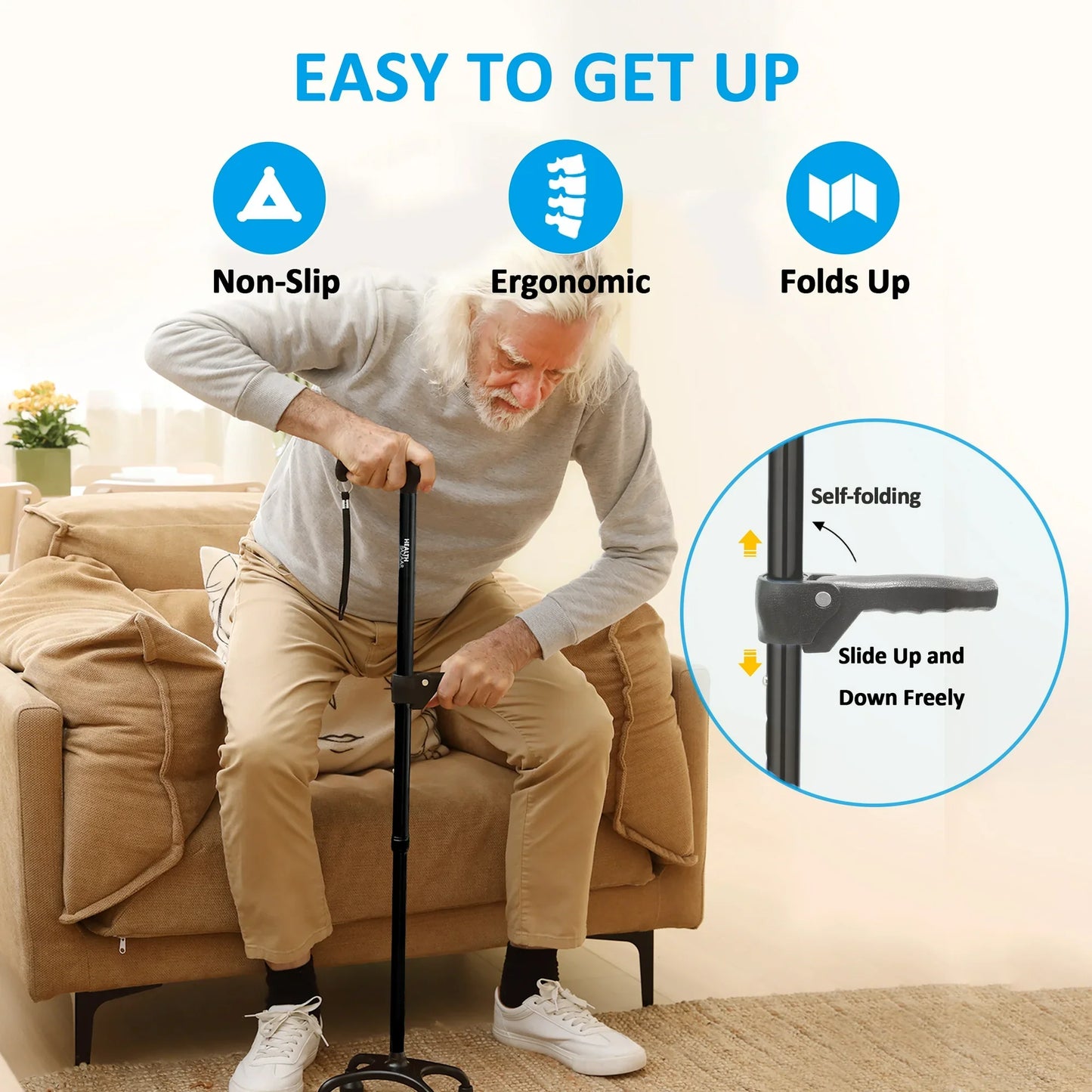 HEALTHBAZAAR Quad Cane Walking Cane for Women Men for Balance Stability Adjustable Lightweight Walking Stick Black