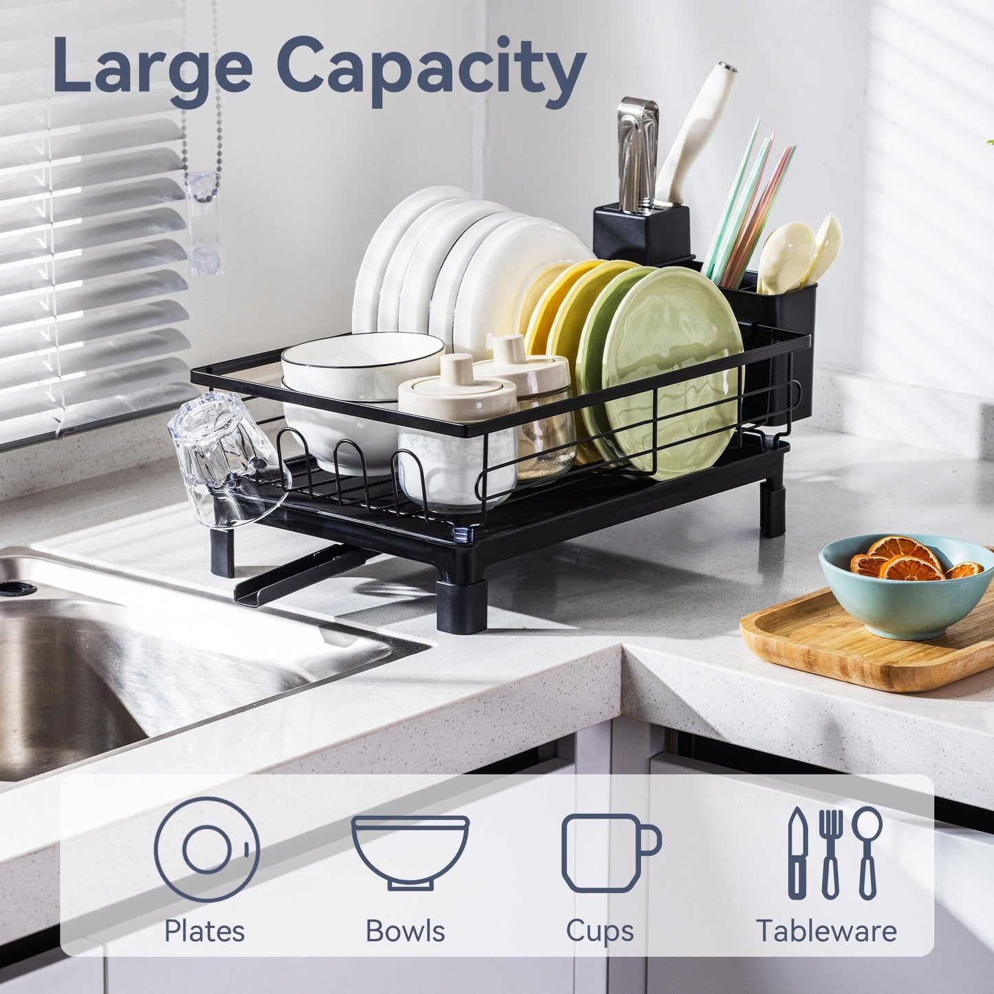 VUSIGN Dish Drying Rack - Space-Saving Dish Rack,Dish Racks for Kitchen Counter with Drainboard, Rustproof Dish Drainer with a Removable 4-Compartment Utensil Holder,Black