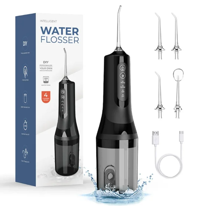 FETERVIC Water Dental Flosser for Teeth Cordless Oral Irrigator, 8 Jet Tips, 4 Modes, 360 Nozzle, 260ML Rechargeable, IPX7 Waterproof for Home Travel(Black)