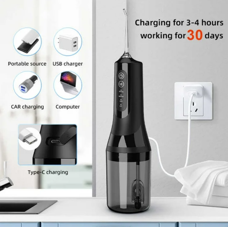 FETERVIC Water Dental Flosser for Teeth Cordless Oral Irrigator, 8 Jet Tips, 4 Modes, 360 Nozzle, 260ML Rechargeable, IPX7 Waterproof for Home Travel(Black)