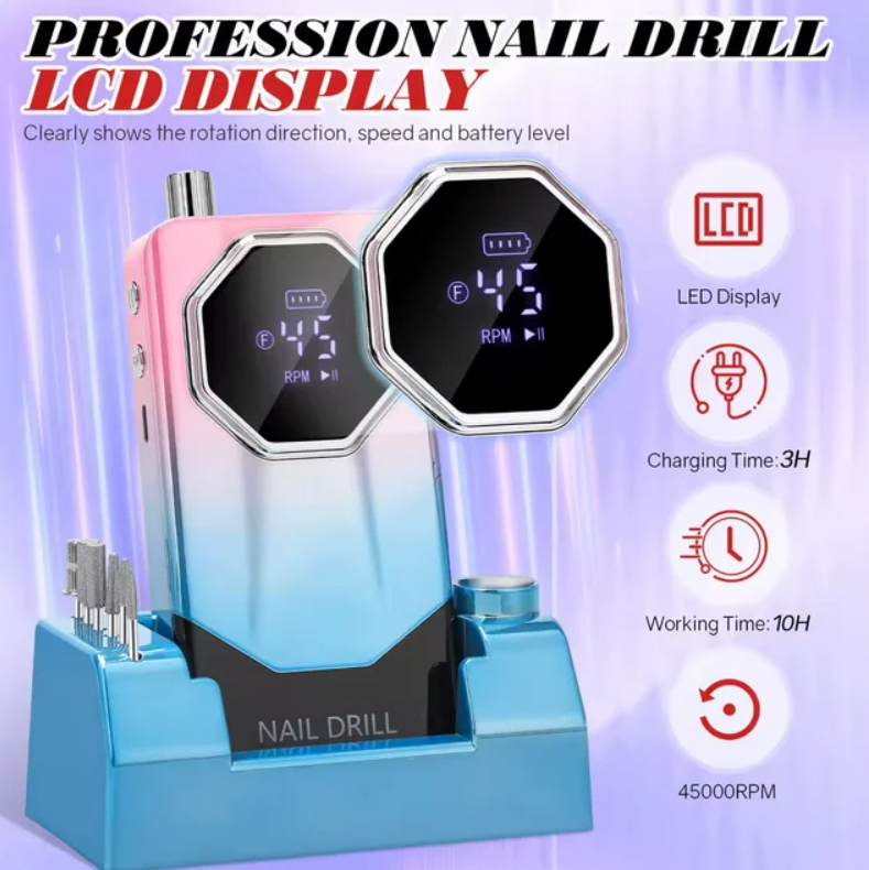 FETERVIC Professional Nail Drill Kit 45000 RPM, Rechargeable Electric Nail File , Cordless E File Machine with LCD Display 24 Drill Bits for Acrylic, Gel Nails Cuticle Care
