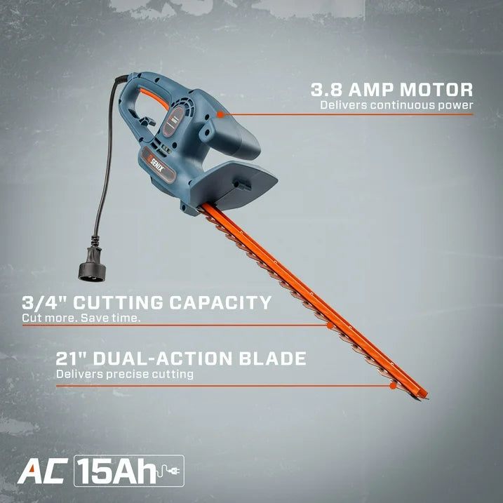 SENIX 120 Volt Max 21 Inch 3.8 Amp Corded Hedge Trimmer, Double Sided Dual Blade Action, 3/4 Cutting Capacity, Blade Cover Included, HTE3.8 L