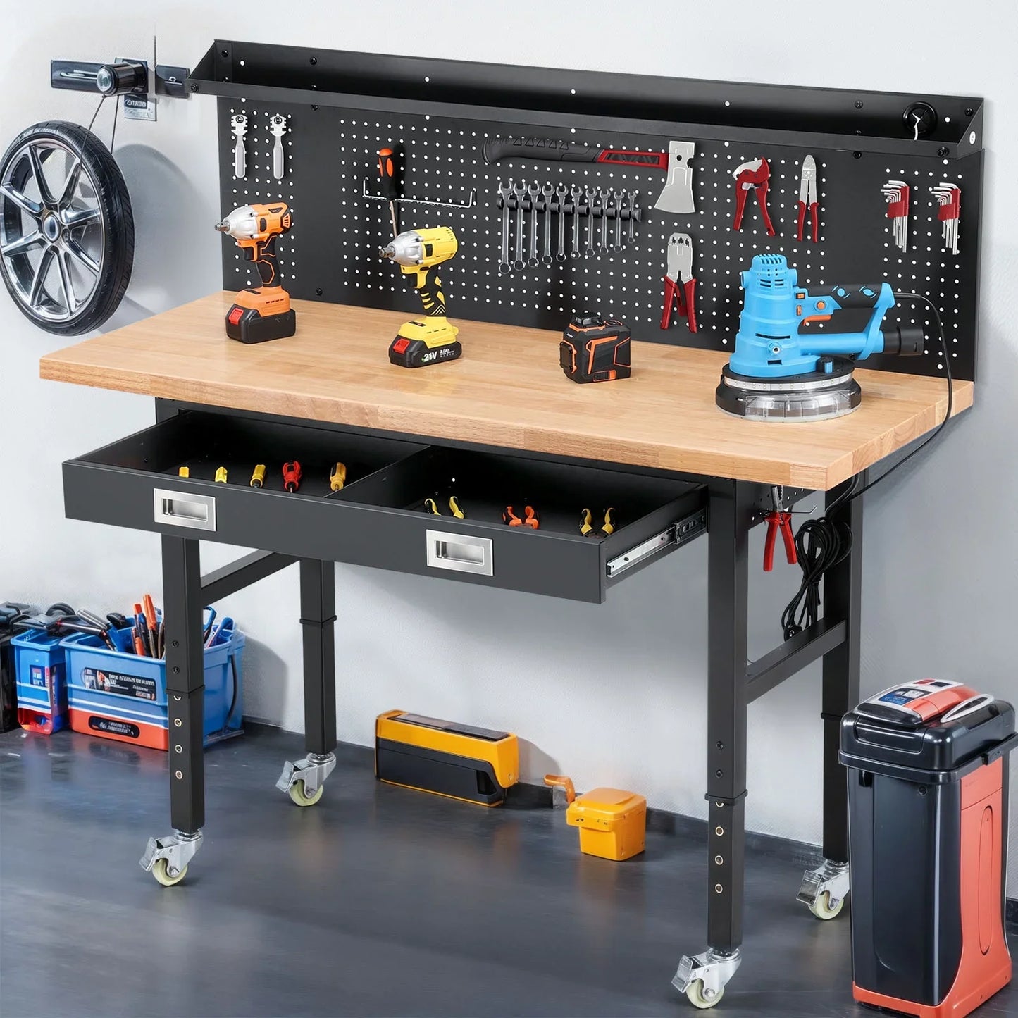 Workbench for Garage,ENJOYWOOD Heavy Duty 60 inch Wood Work Bench with Drawers,Led Lights, Pegboard and Wheels,Rubber Wood Tabletop,2000 LBS Load Bearing Workstation Garage Desk Table Worktable