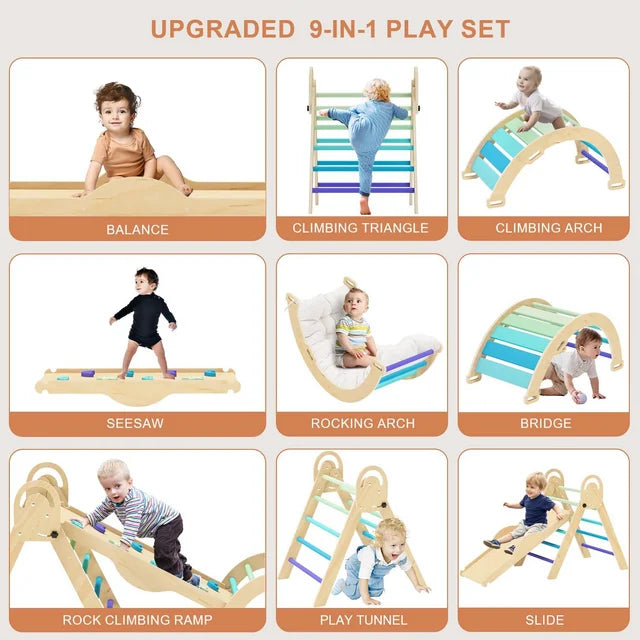 Pikler Triangle Set, RongTrading 8 in 1 Montessori Climbing Set, Wooden Climbing Toys, with Arch, Ramp, Ladder, Tent and Cushion, Indoor Jungle Gym for Toddlers 0.5-6 Years Old, Blue
