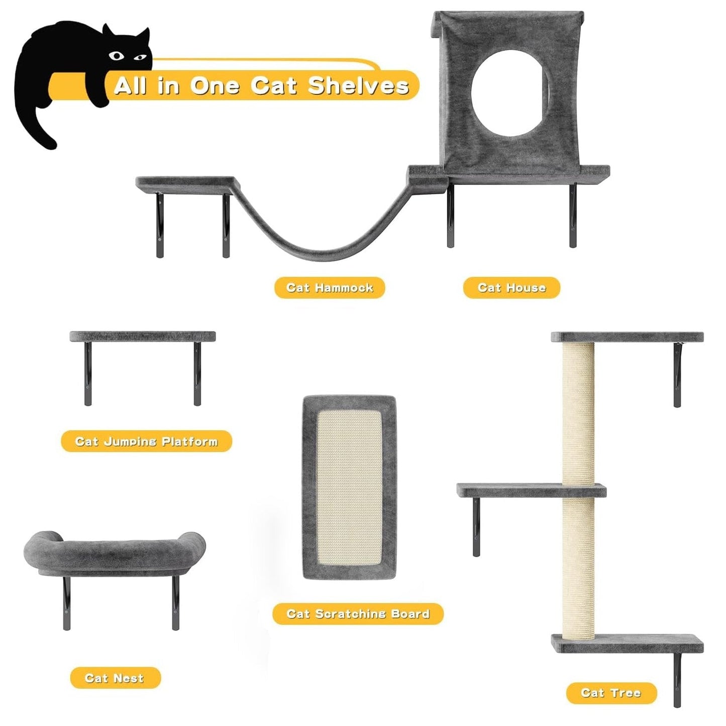 Cat Wall Shelves and Perches Set of 5 Sleeping Playing Lounging Climbing Cat Tree House for Multiple Cats