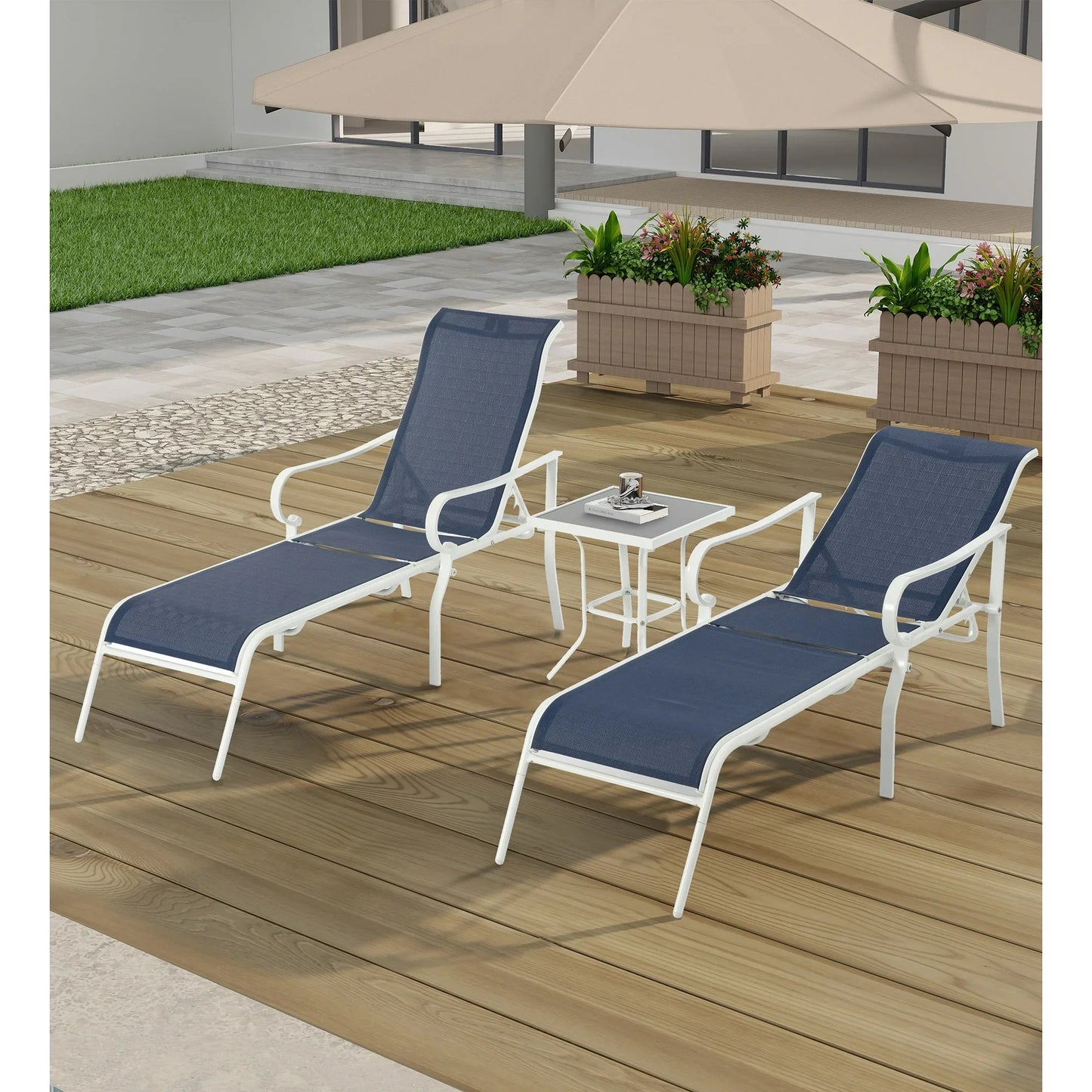 SEGMART Outdoor Lounge Chairs Set of 3, Adjustable Patio Chaise Lounges with Side Table, Lounger Recliner for Poolside, Backyard, Porch,440lb Capacity - Blue