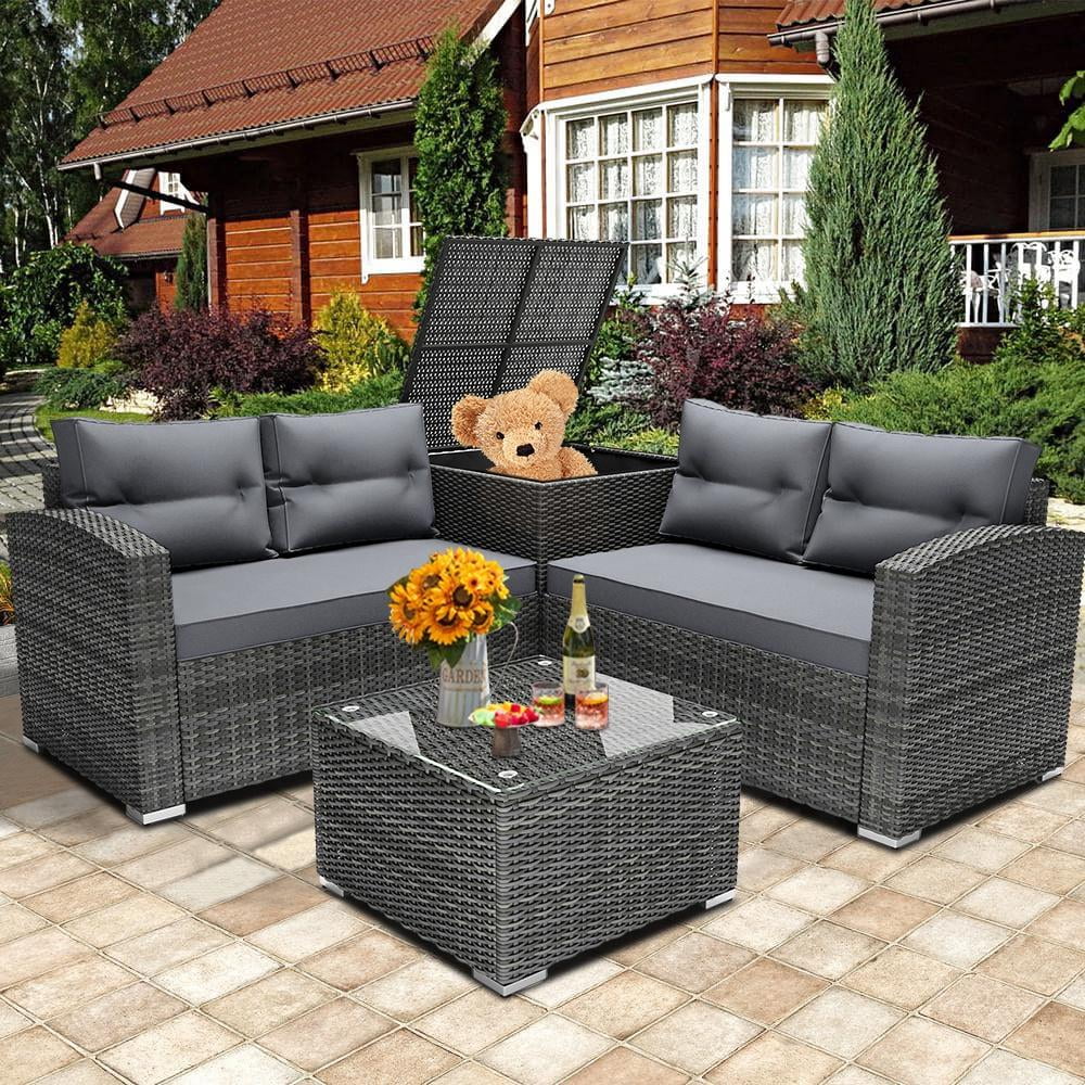 Rattan Patio Sofa Set, 4 Pieces Outdoor Sectional Furniture, All-Weather PE Rattan Wicker Patio Conversation, Cushioned Sofa Set with Glass Table & Storage Box for Patio Garden Poolside Deck