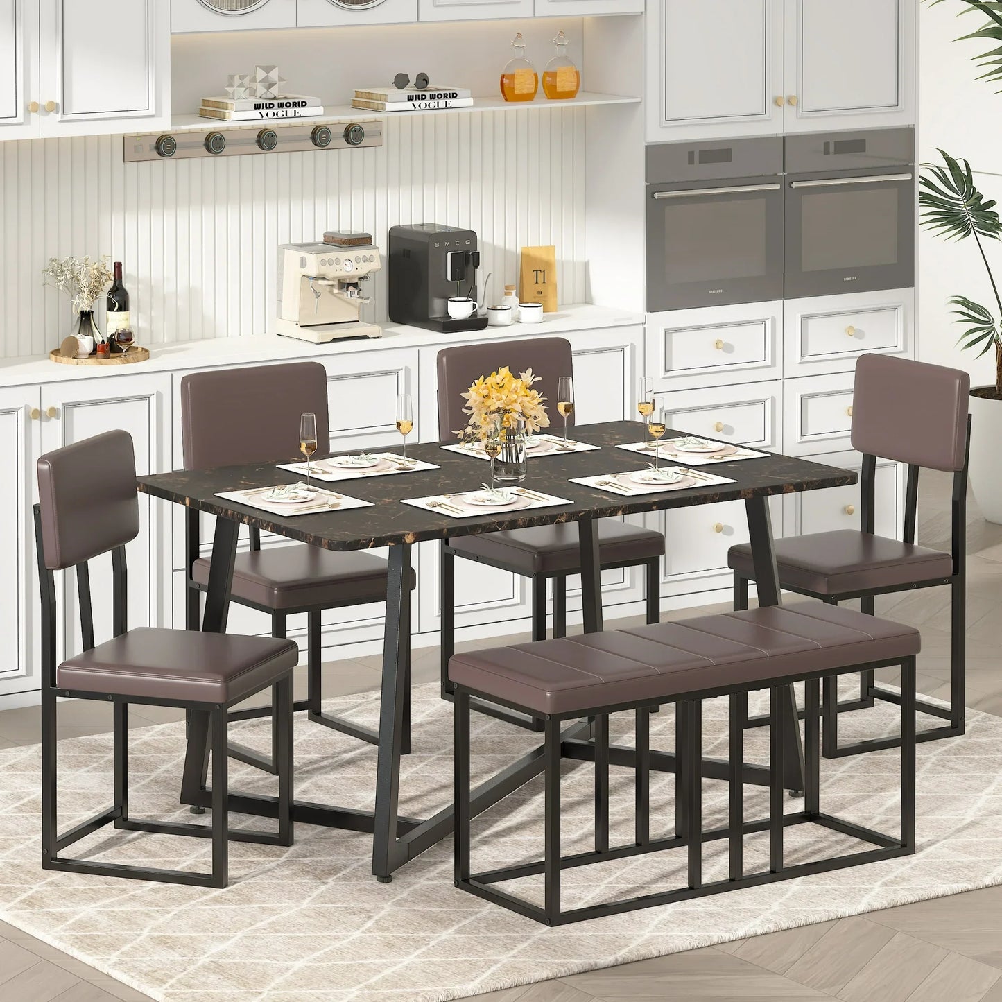 PAPROOS Dining Table Set for 6, 6 Piece Dining Room Table Set with Faux Marble Top, PU Leather Upholstery Chairs and Bench, Modern Dinette Sets for Big Family, Kitchen Table and Chairs Set, Brown