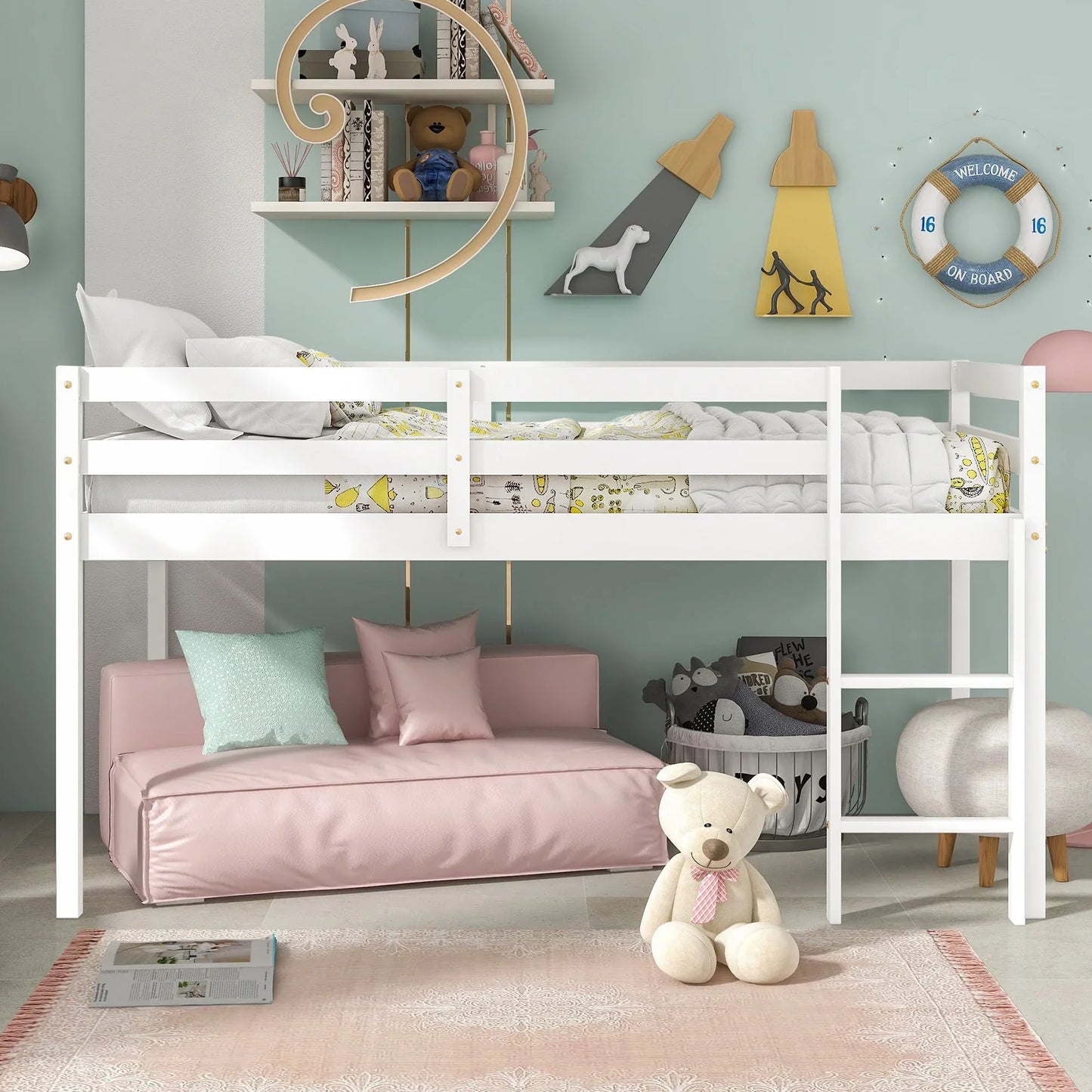 SESSLIFE Solid Wood Twin-Size Low Loft Bed with Ladder, White