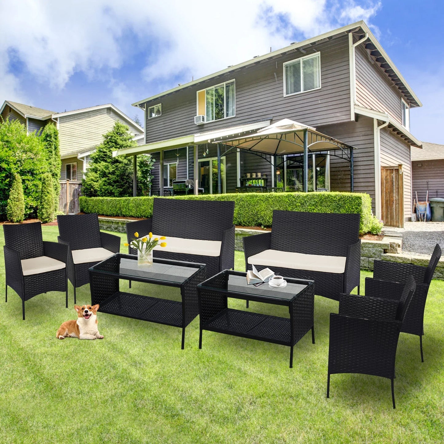 8 PCS Outdoor Patio Bistro Furniture Set, All-Weather Rattan Chair Set, Conversation Furniture Sets, Cushioned Seat & Glass Table, Bistro Table Set for Porch Garden Poolside Balcony, T208