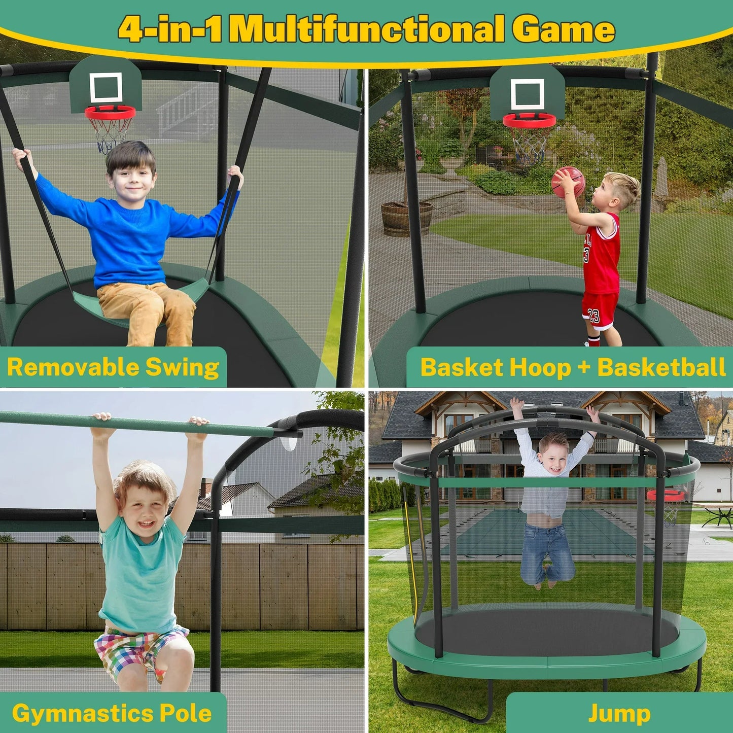 6FT Kids Trampoline with Swing, Horizontal Bar, SEGMART 4-in-1 Rectangle Toddler Trampoline with Enclosure Safety Net, Outdoor Indoor Backyard Recreational Trampoline for Kids, Toddlers, Baby, Green