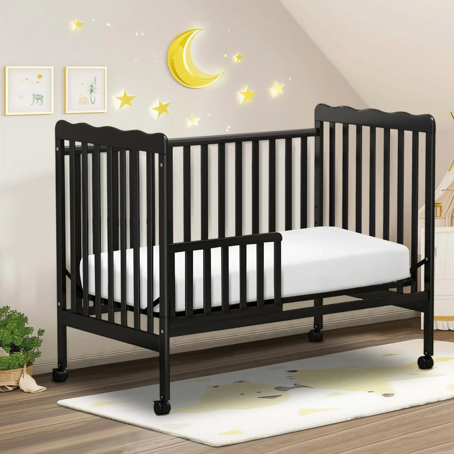 Sesslife 3-In-1 Convertible Crib, Black Baby Bed with Locking Wheels, Converts from Baby Crib to Toddler Bed, Fits Standard Full-Size Crib Mattress(Not Included)