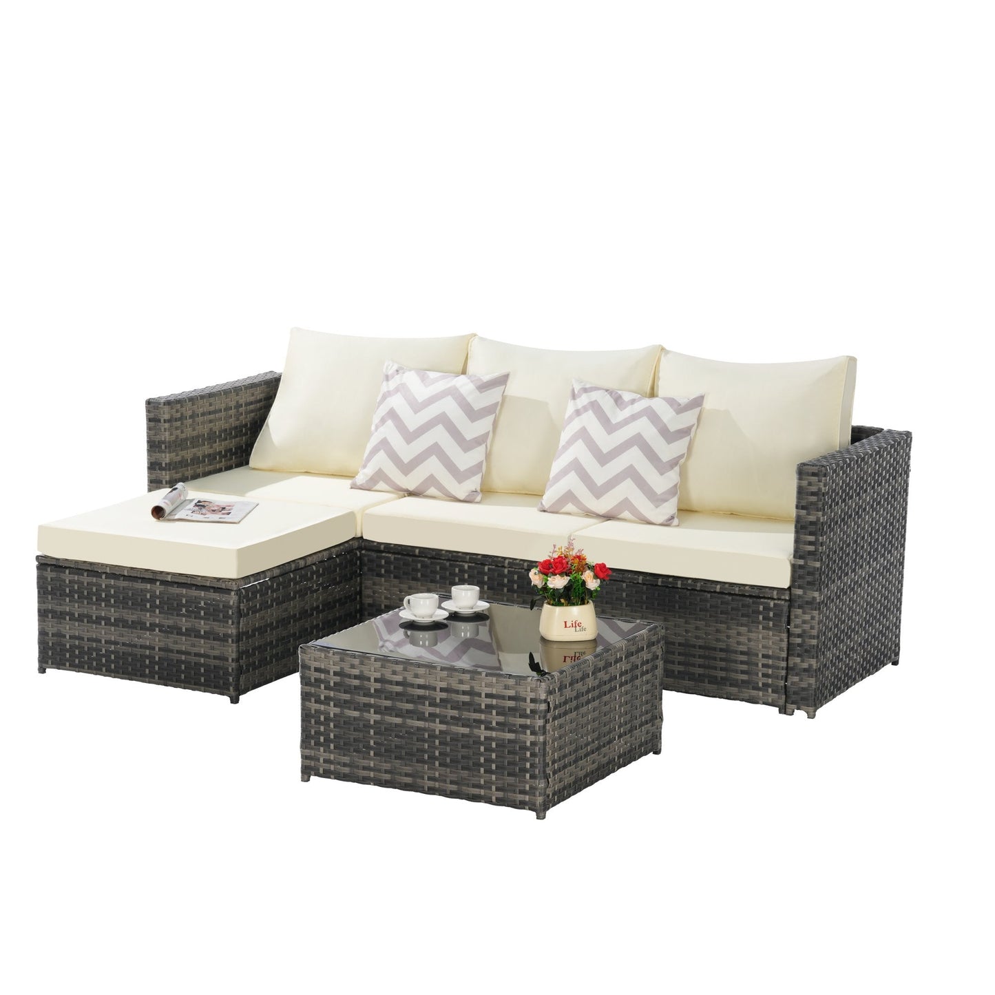 3 Piece Patio Furniture Set, All-Weather Outdoor Sectional Sofa Set, PE Rattan Conversation Set with Table & Cushions, Wicker Furniture Couch Set for Patio Deck Garden Poolside Yard, Beige