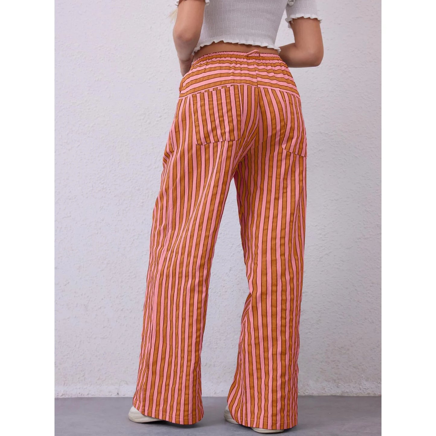 TEMOFON Womens Wide Leg Pants Drawstring Striped Trousers Loose Casual High Waist Pants Comfy gingham pants with Pockets