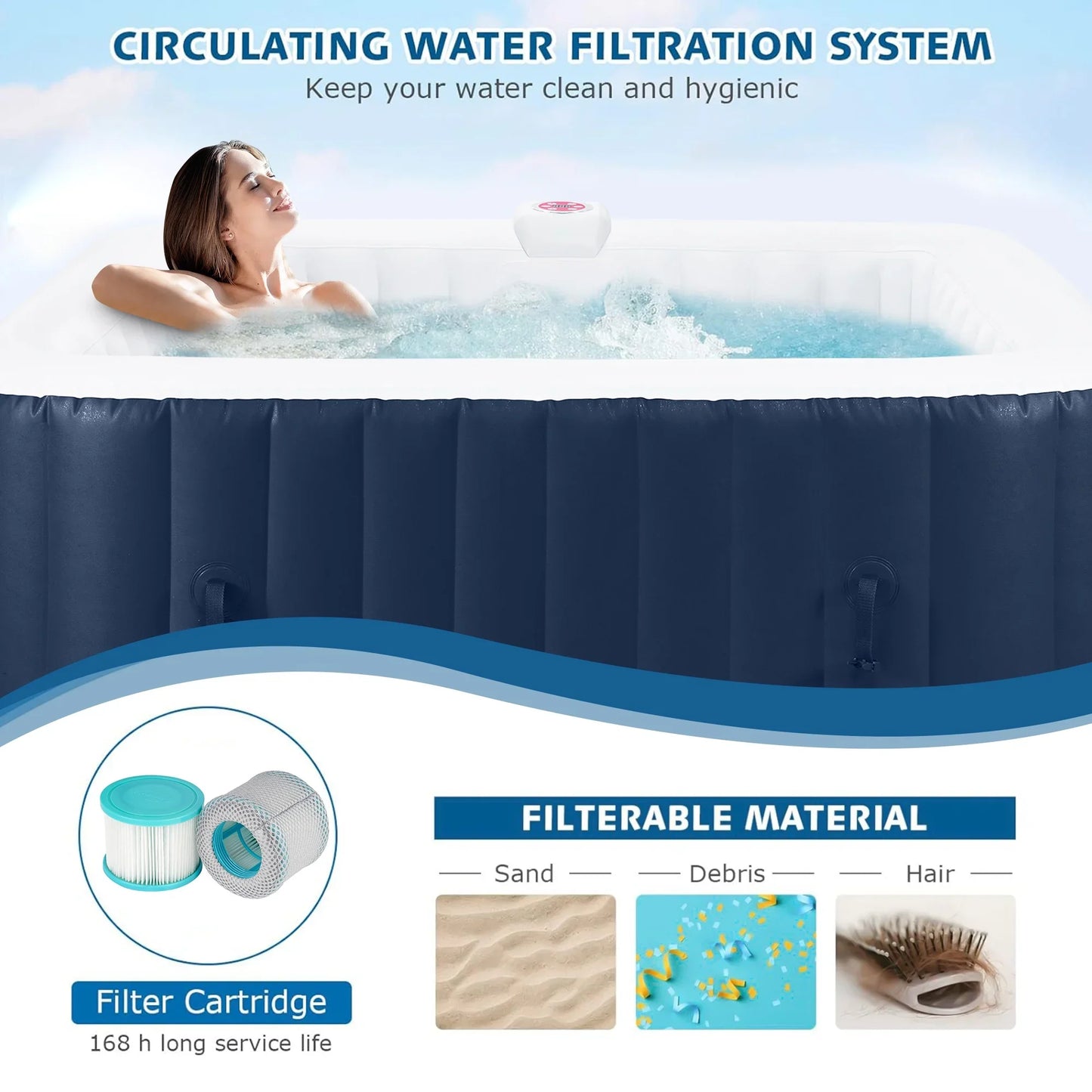 4-6 Person Outdoor Portable Inflatable Heated Hot Tub with 130 Bubble Jets, Square Inflatable Heated Pool Spa with Insulated Cover, Insulated Cover and Carry Bag, Blue