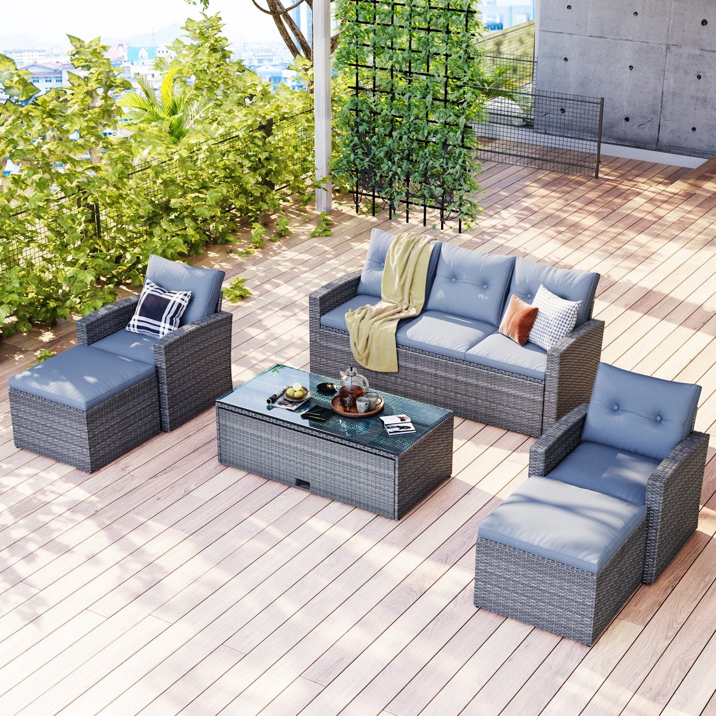 Outdoor Patio Furniture Sets for Backyard, Segmart New 6 Pieces Wicker Patio Furniture Set with Seat Cushions & Tempered Glass Coffee, Conversation Sets for Porch, Poolside, Backyard, Garden, Gray