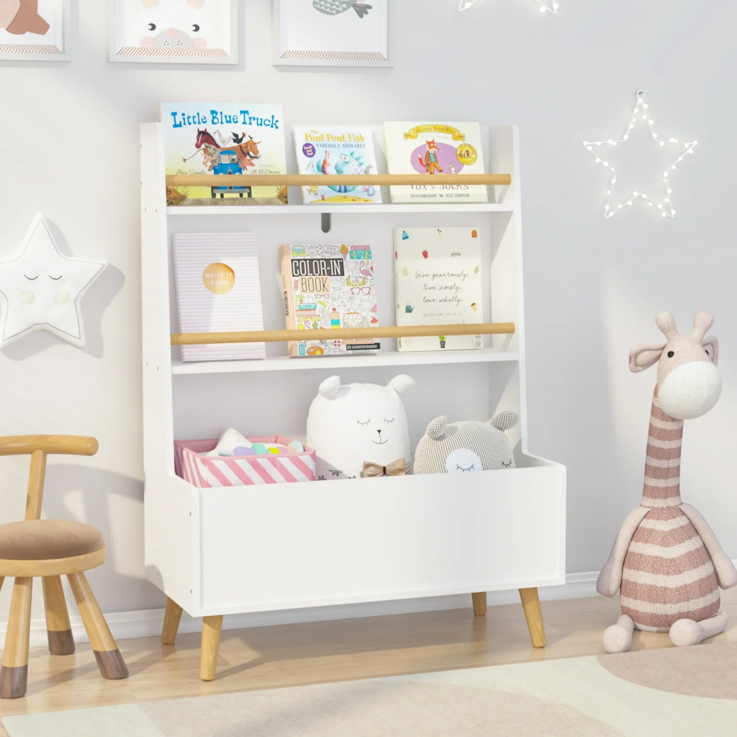 PORKISS Bookshelf for Kids, Wooden Kids Bookcase with Toy Storage Cabinet and 2 Shelves, Freestanding Bookshelf Organizer for Bedroom, Playroom, White