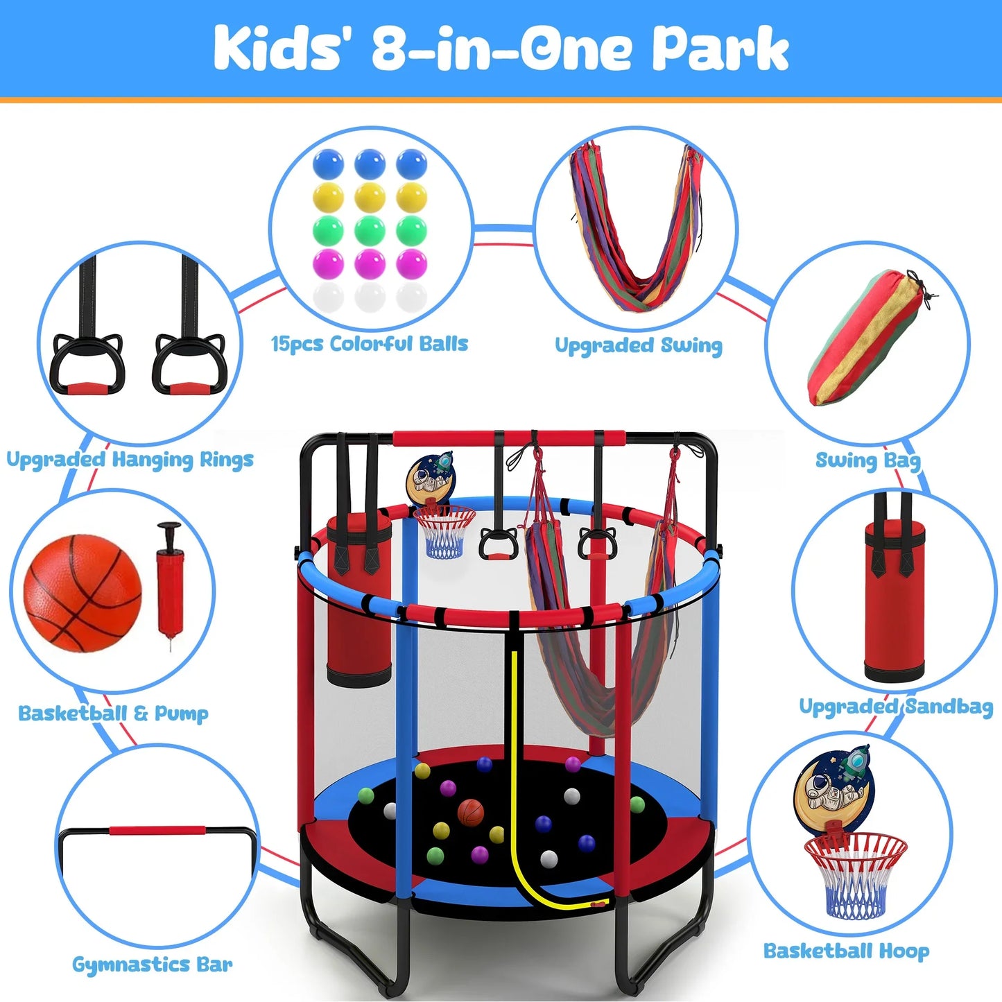 Mini Round Trampoline for Kids with Basketball Hoop, SEGMART 55'' Indoor Outdoor Toddler Trampoline with Enclosure Net, Swing, Sandbag, Ring, Ocean Balls, Small Trampoline Gift for Boys Girls, Blue