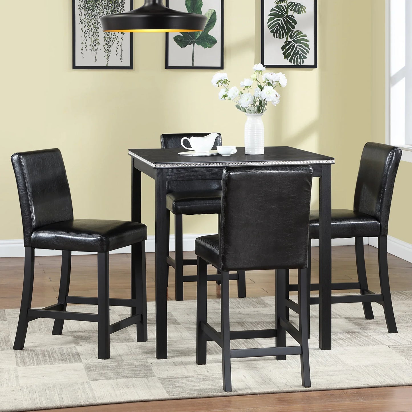 PAPROOS 5 Piece Counter Height Dining Table Set, Wooden Dining Room Table Set with Square Table and 4 Upholstered Chairs, Modern Kitchen Table with Crystal Decoration and Chair Set for 4, Black