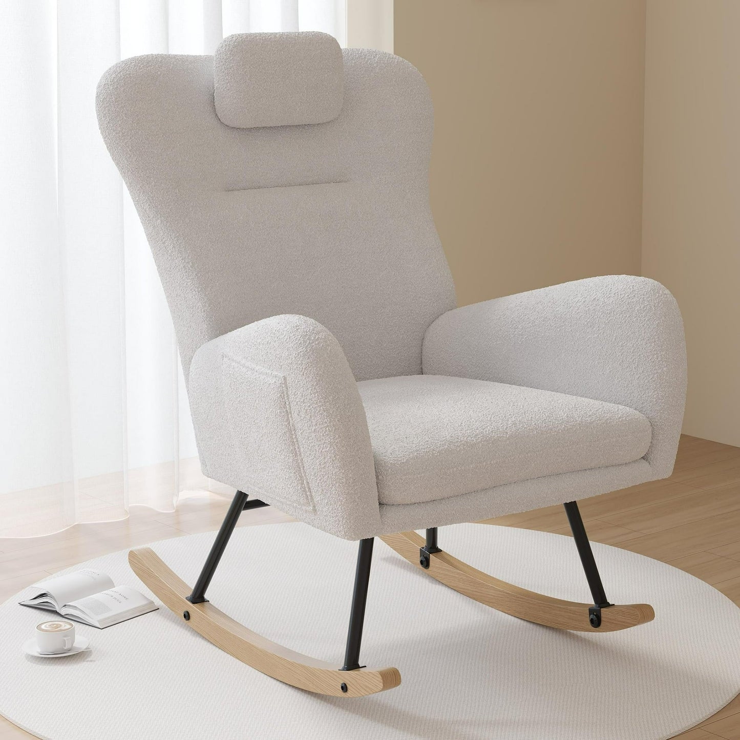 PAPROOS Modern Teddy Fabric Rocking Chair, Accent Rocker Chair with High Backrest for Nursery, Accent Glider Rocker for Living Room Bedroom Playroom,White